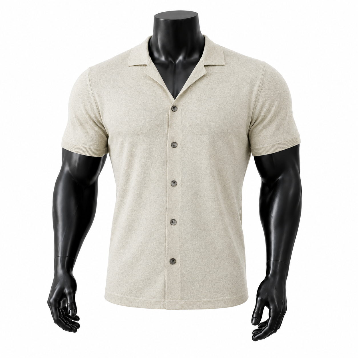 VAREN FORM Linen-Knit Short Sleeve Polo Cardigan in Ivory for men's gym and streetwear