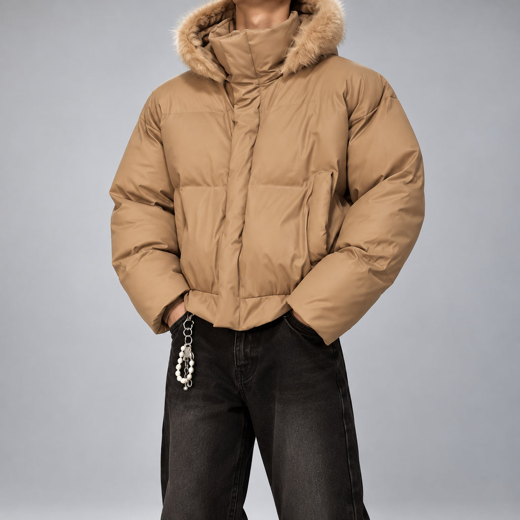 Men's Faux-Fur-Trim PU Leather Puffer Jacket in Brown - model view