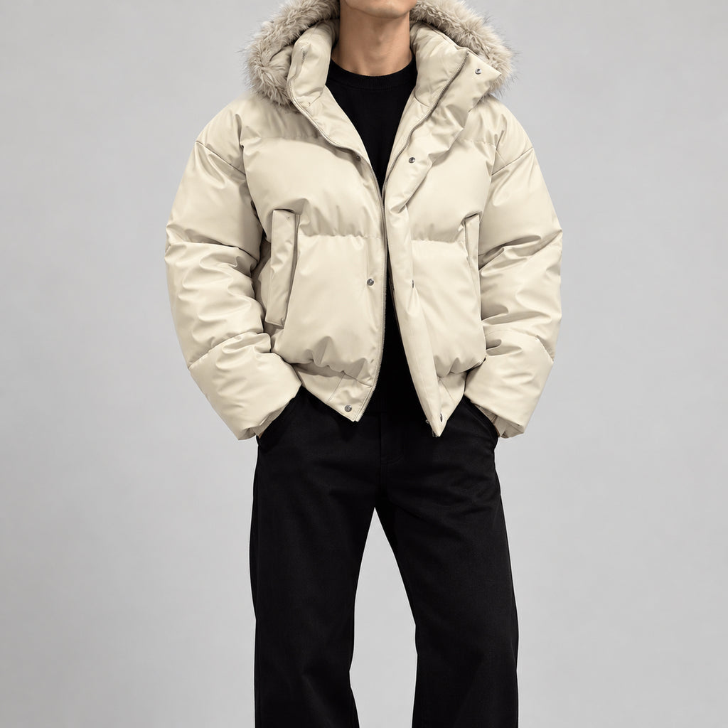 Men's Faux-Fur-Trim PU Leather Puffer Jacket in Ivory - model view