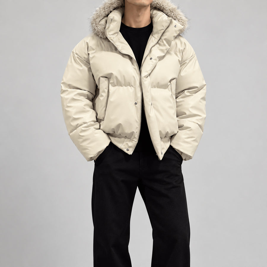Men's Faux-Fur-Trim PU Leather Puffer Jacket