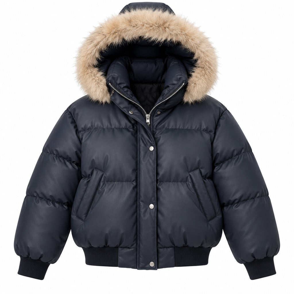 Men's Faux-Fur-Trim PU Leather Puffer Jacket in Black - product view