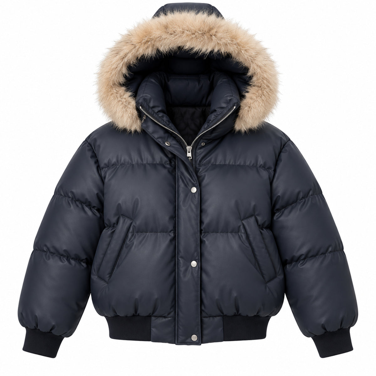 Men's Faux-Fur-Trim PU Leather Puffer Jacket in Black - product view