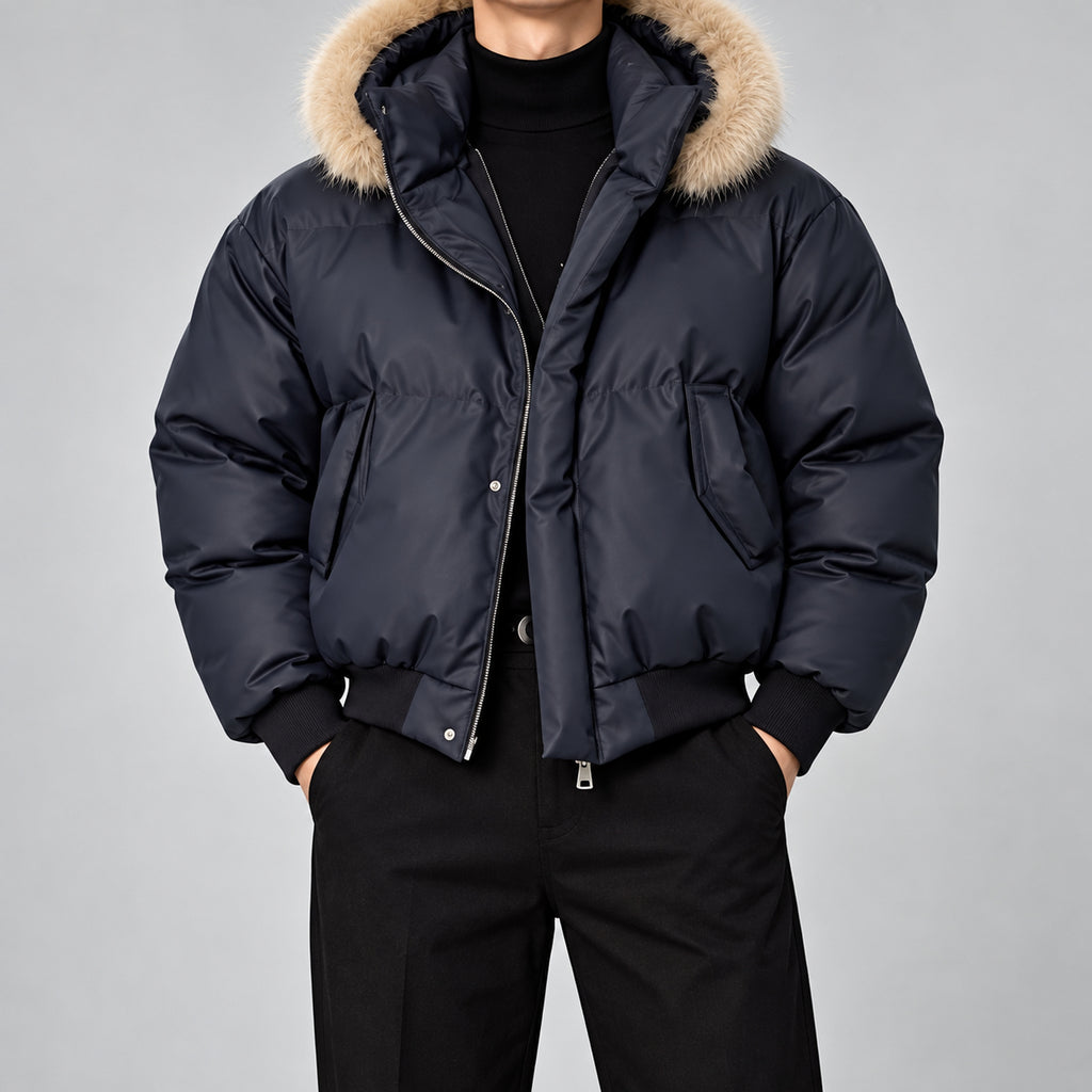 Men's Faux-Fur-Trim PU Leather Puffer Jacket in Black - model view