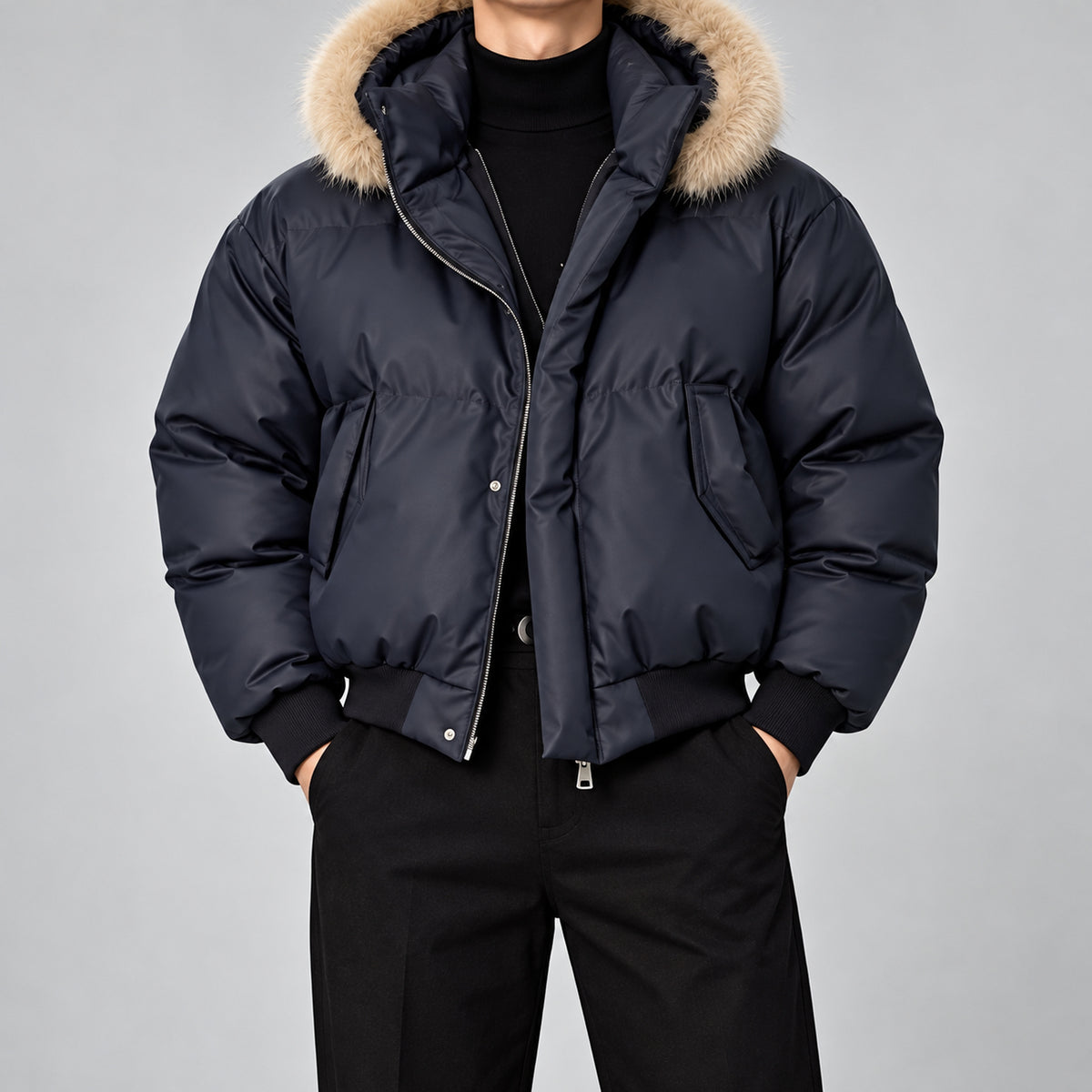 Men's Faux-Fur-Trim PU Leather Puffer Jacket in Black - model view