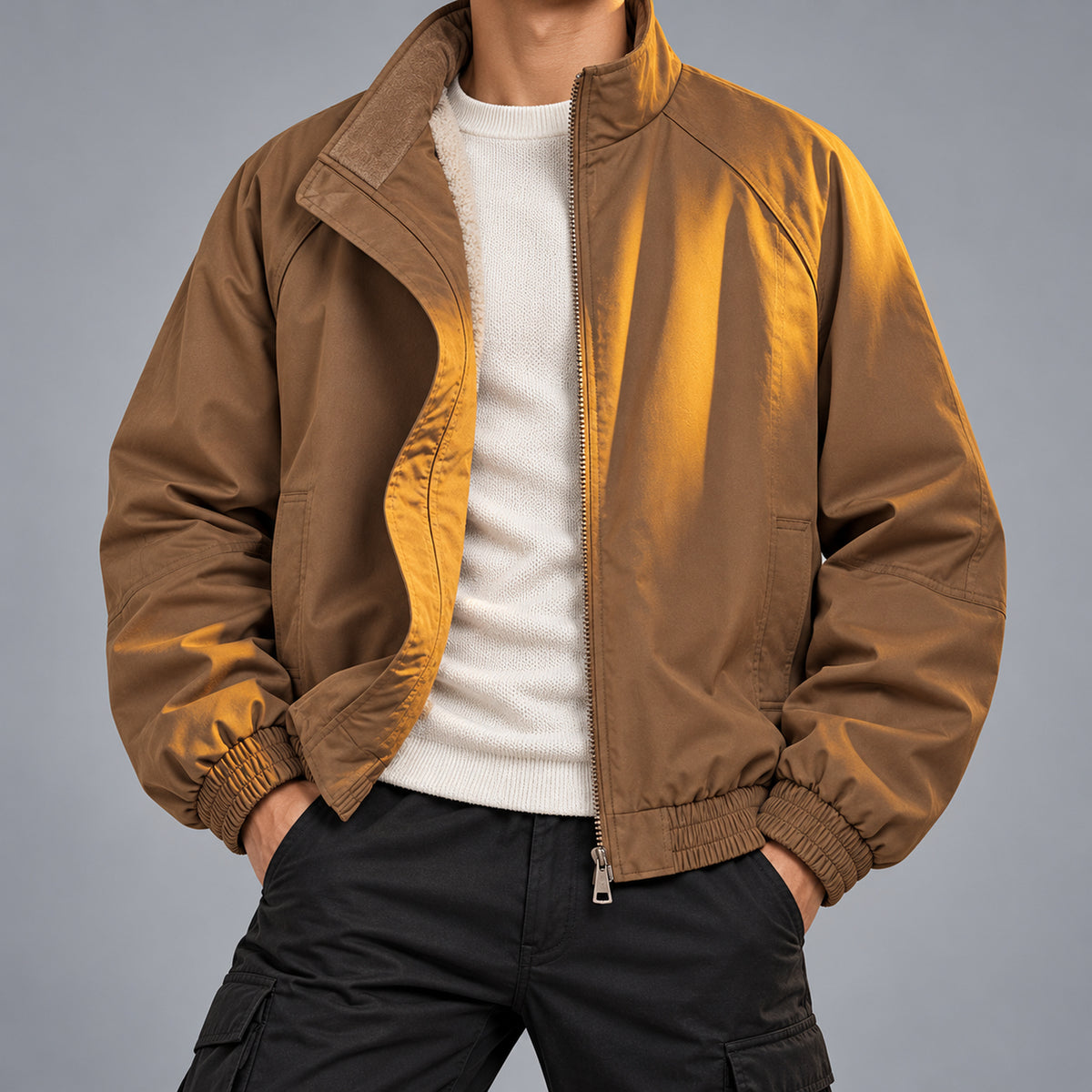 Men's Fleece-Lined Deconstructed Bomber Jacket in Brown - model view