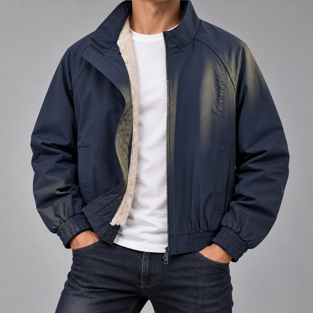 Men's Fleece-Lined Deconstructed Bomber Jacket in Navy - model view