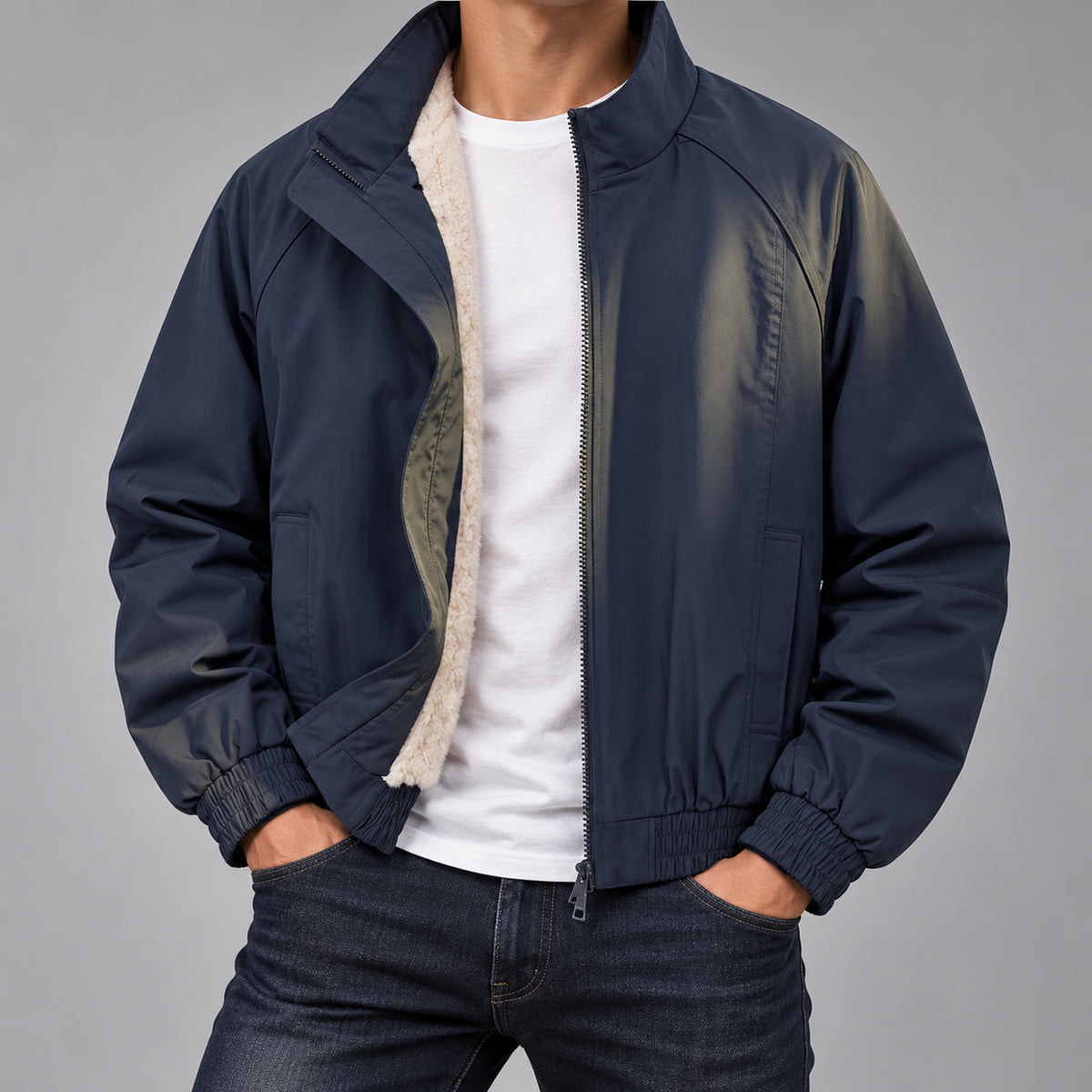 Men's Fleece-Lined Deconstructed Bomber Jacket in Navy - model view