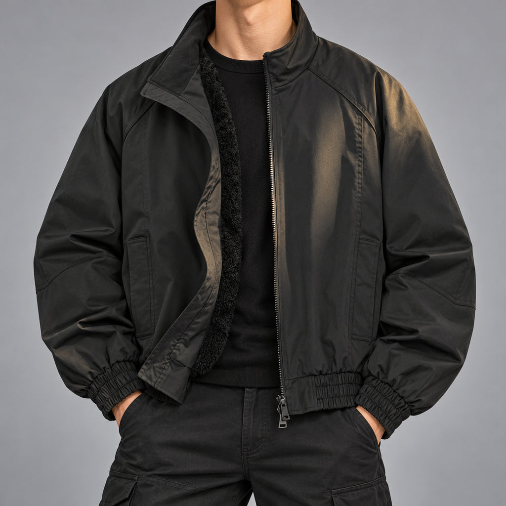 Men's Fleece-Lined Deconstructed Bomber Jacket in Black - model view