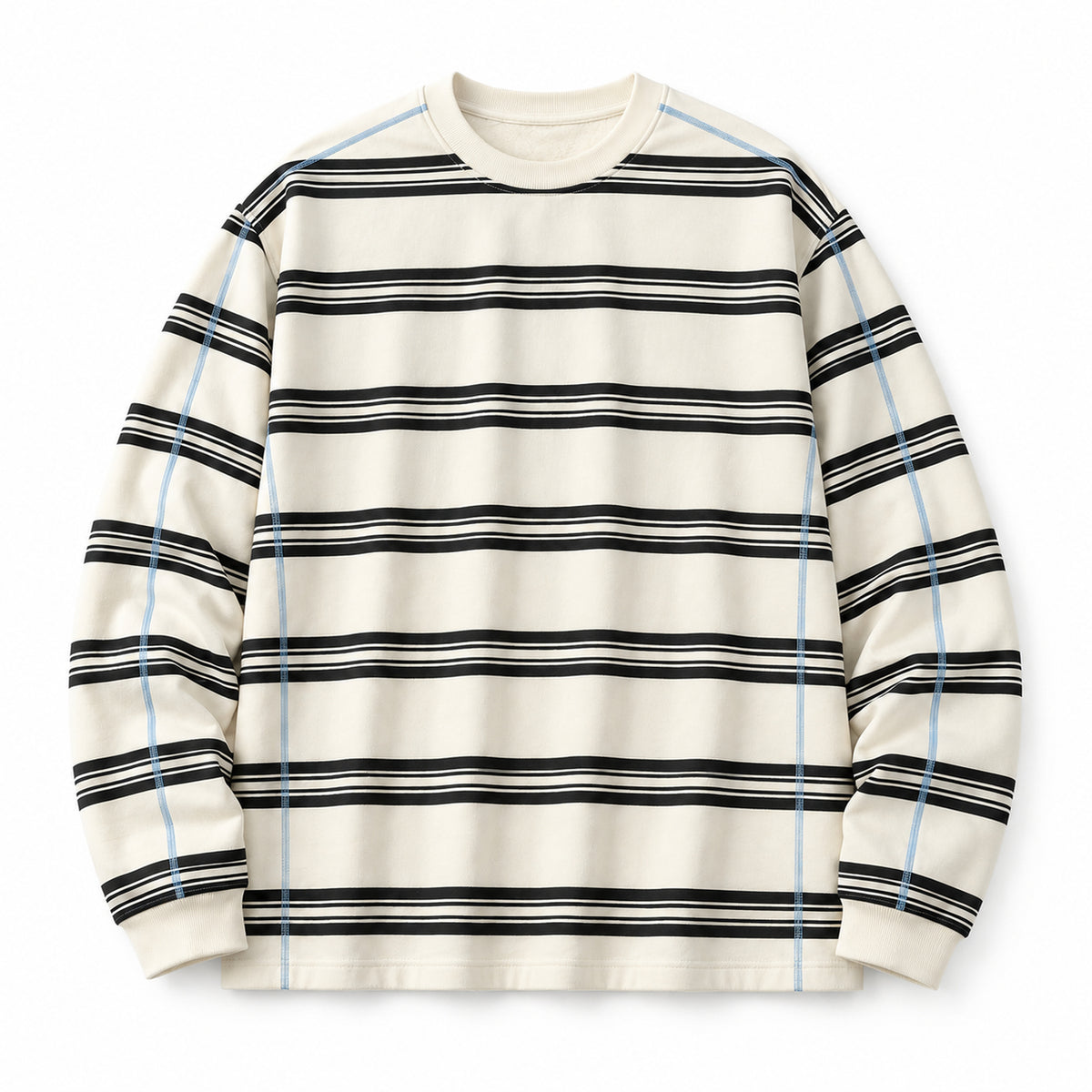 Men's Fleece-Lined Striped Long-Sleeve T-Shirt in Ivory Black Stripe - product view