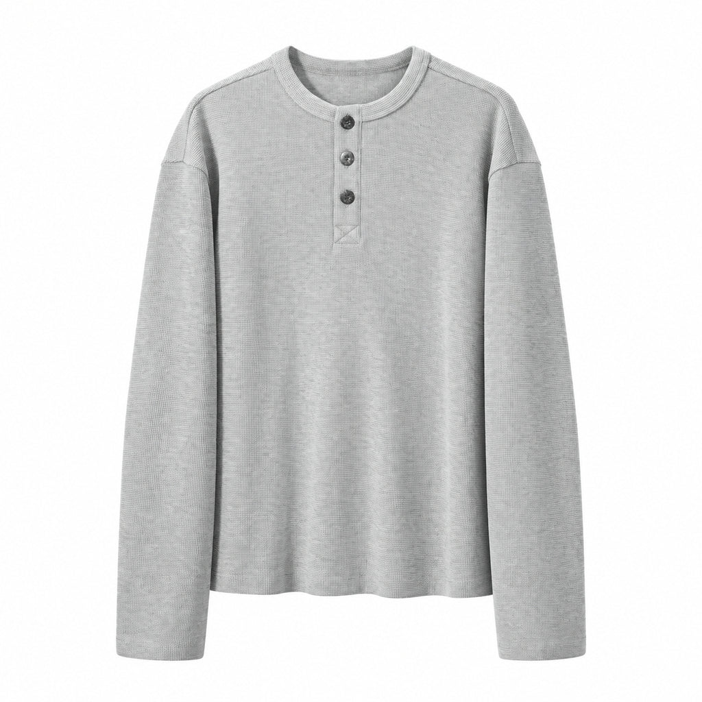 Men's Textured Waffle-Knit Long-Sleeve Henley in Light Gray - model view