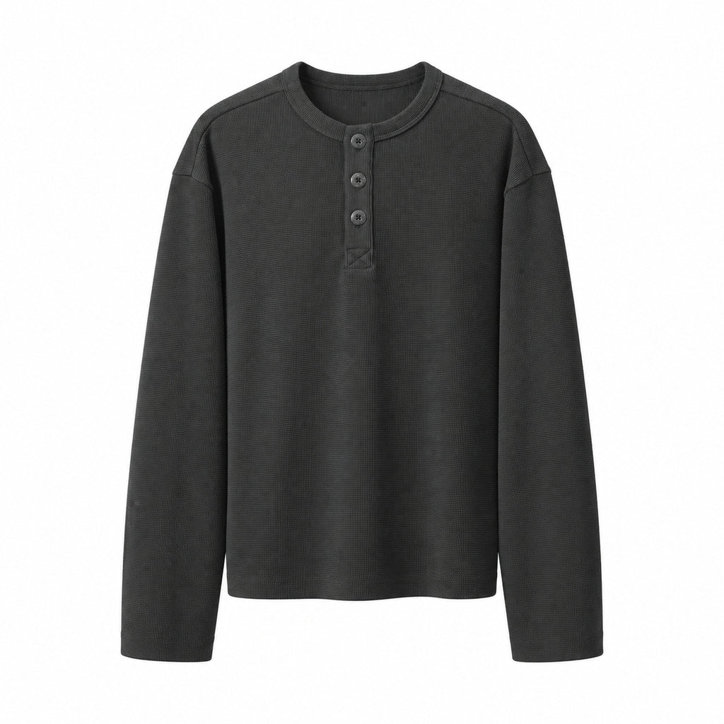 Men's Textured Waffle-Knit Long-Sleeve Henley in Dark Gray - model view