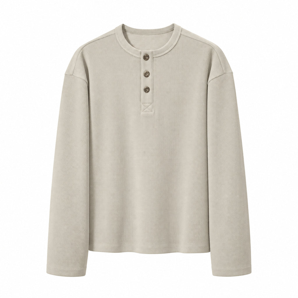 Men's Textured Waffle-Knit Long-Sleeve Henley in Ivory - model view
