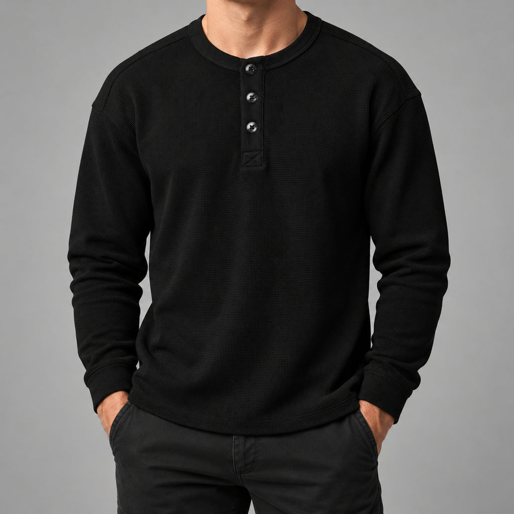 Men's Textured Waffle-Knit Long-Sleeve Henley in Black - product view