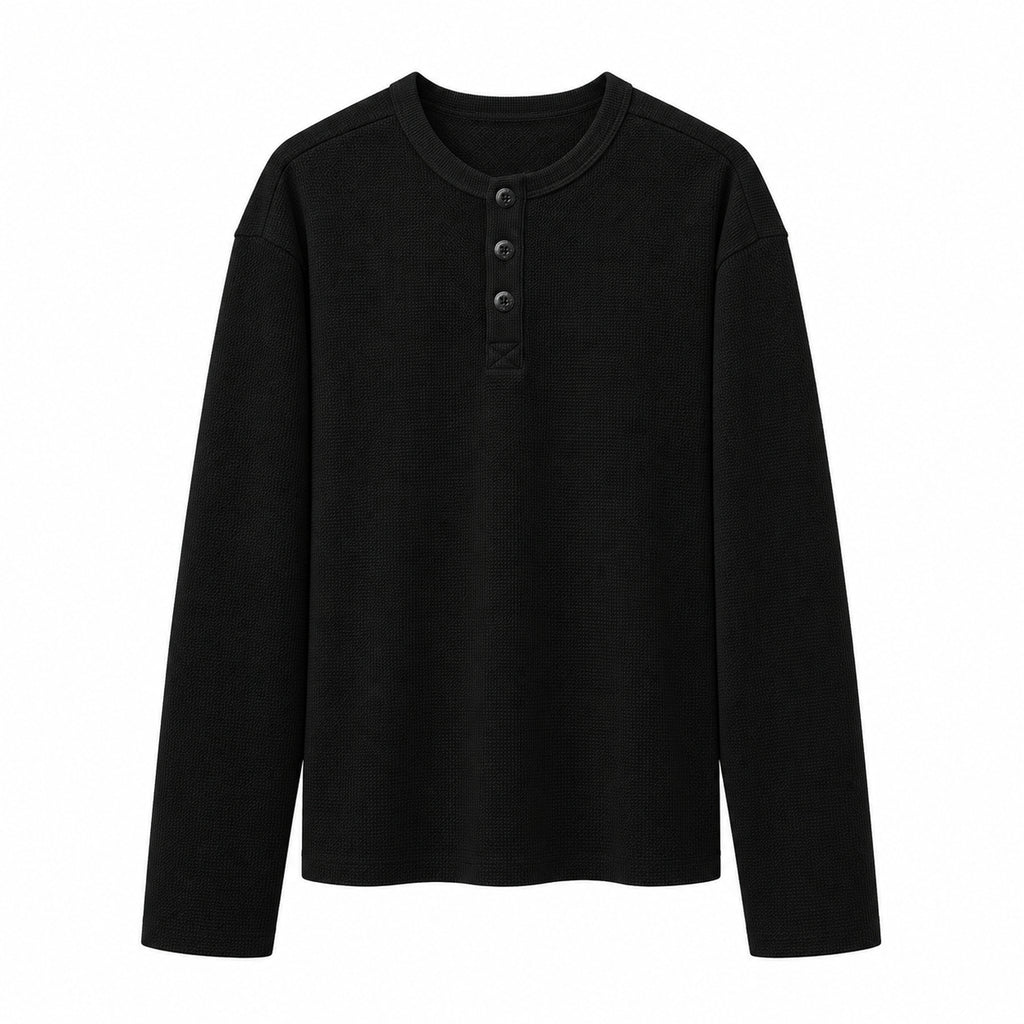 Men's Textured Waffle-Knit Long-Sleeve Henley in Black - model view