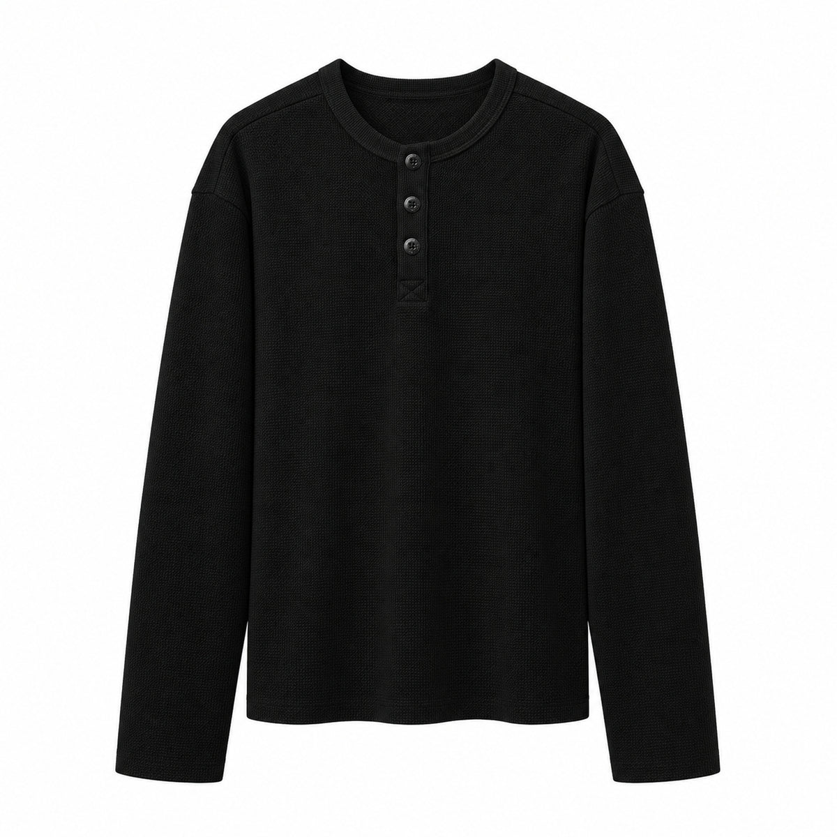 Men's Textured Waffle-Knit Long-Sleeve Henley in Black - model view