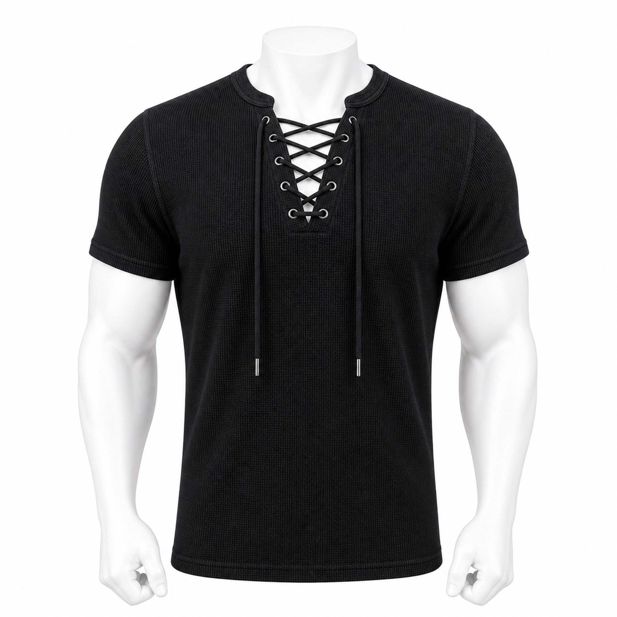 VAREN FORM Open-Knit Lace-Up Short Sleeve Tee in Black