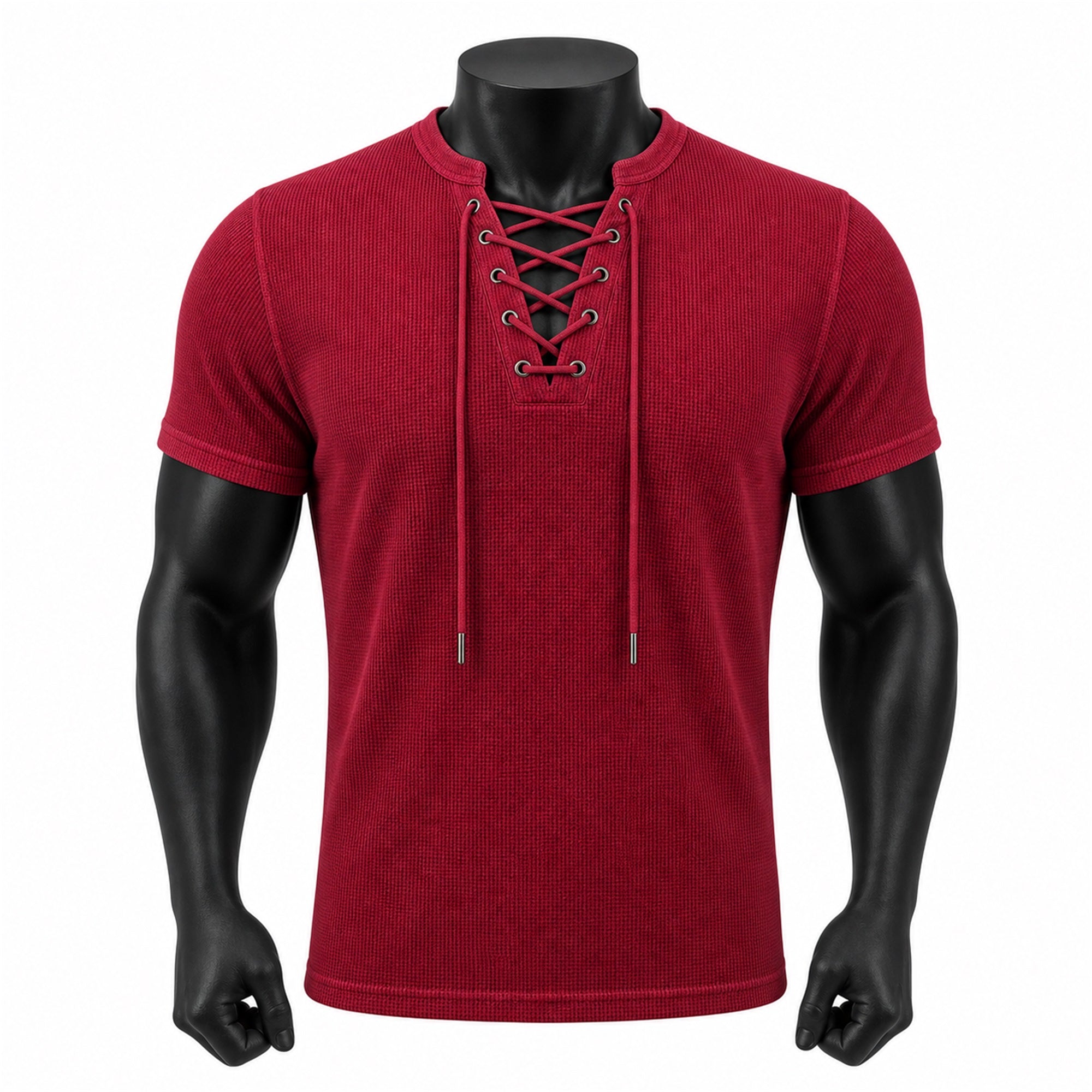 VAREN FORM Open-Knit Lace-Up Short Sleeve Tee in Burgundy