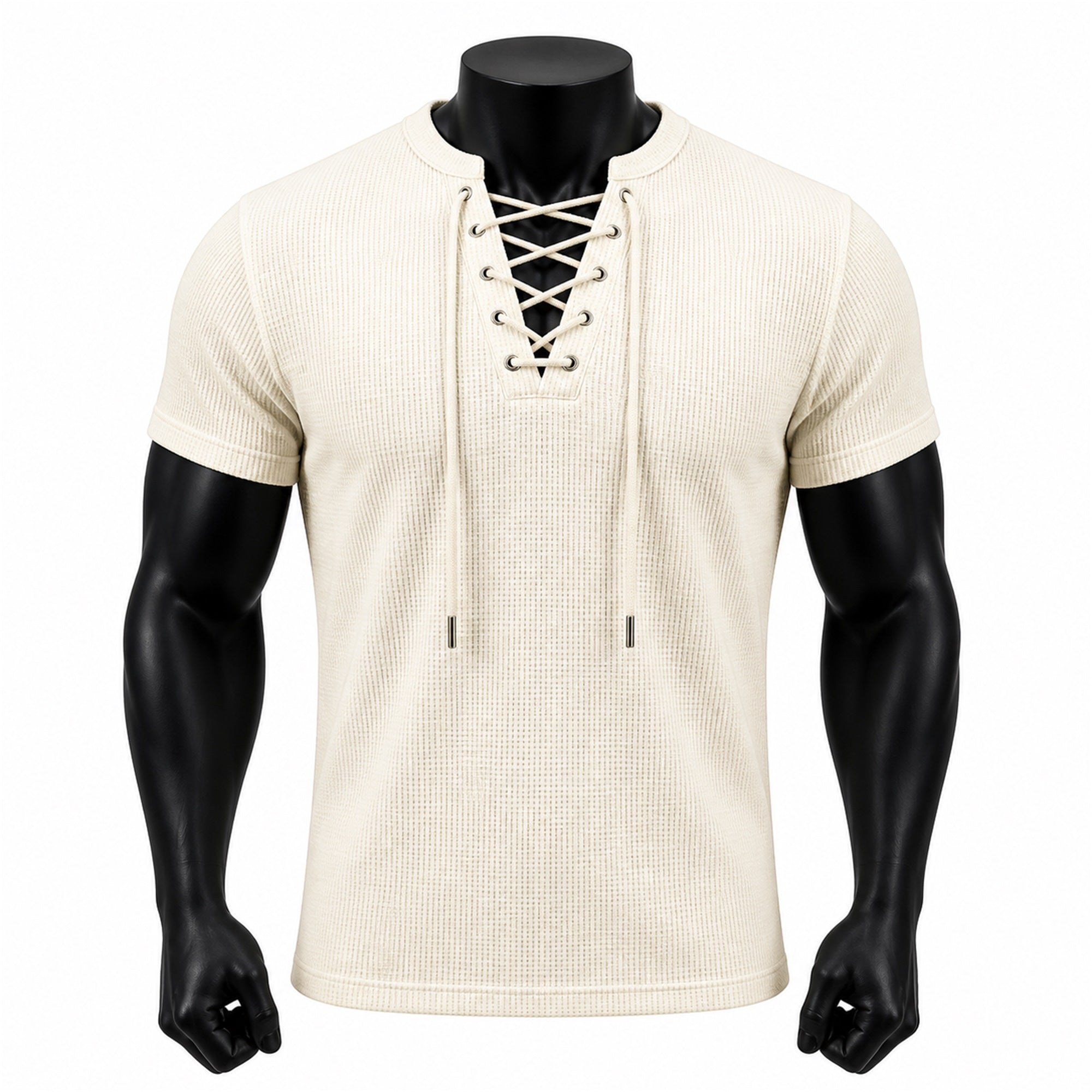 VAREN FORM Open-Knit Lace-Up Short Sleeve Tee in Cream