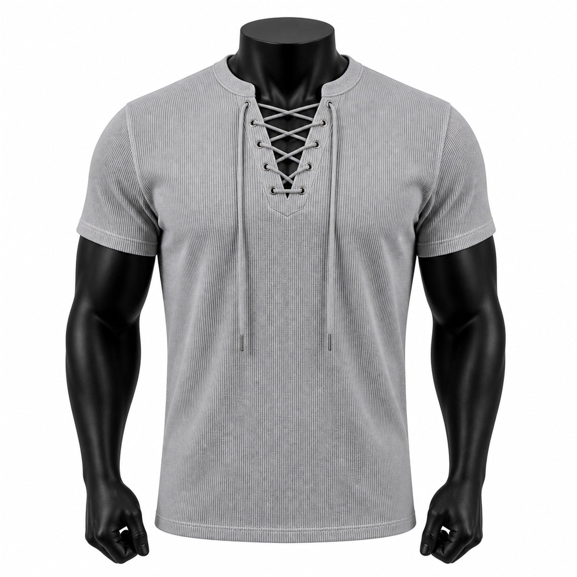 VAREN FORM Open-Knit Lace-Up Short Sleeve Tee in Grey
