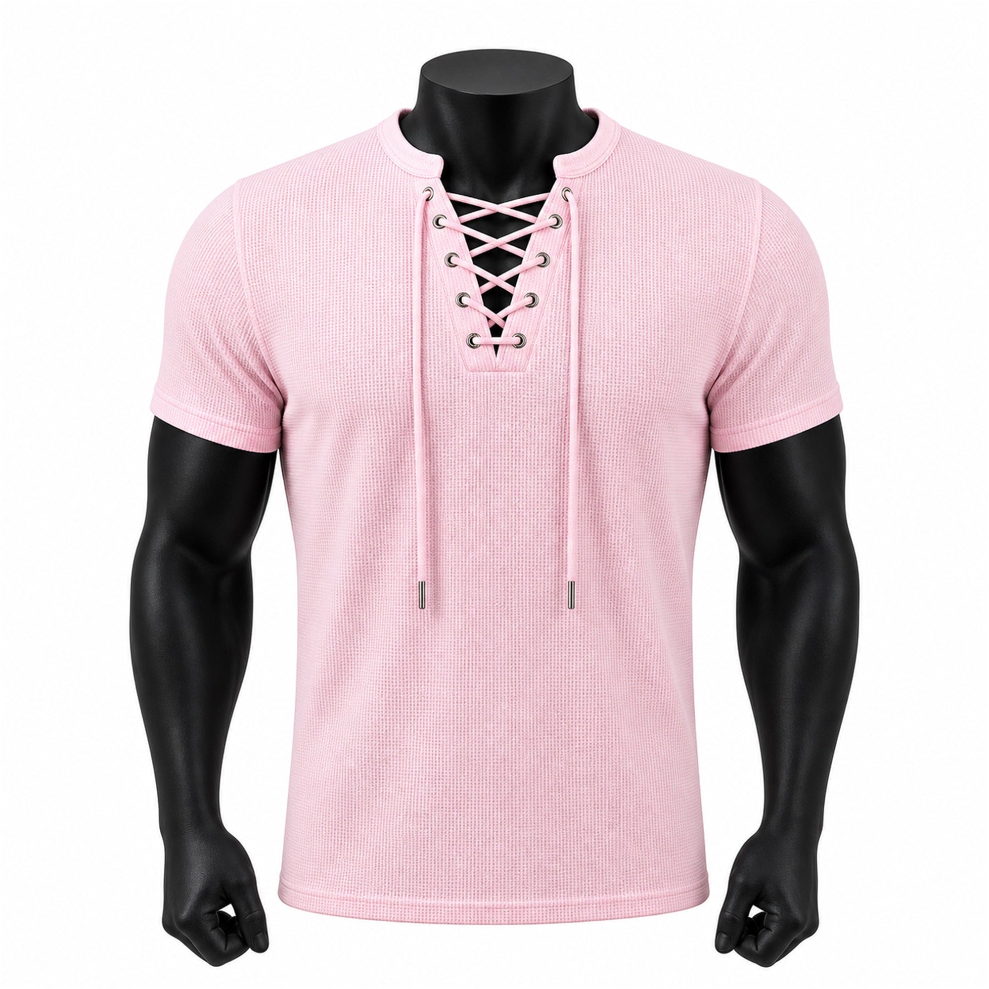 VAREN FORM Open-Knit Lace-Up Short Sleeve Tee in Pink