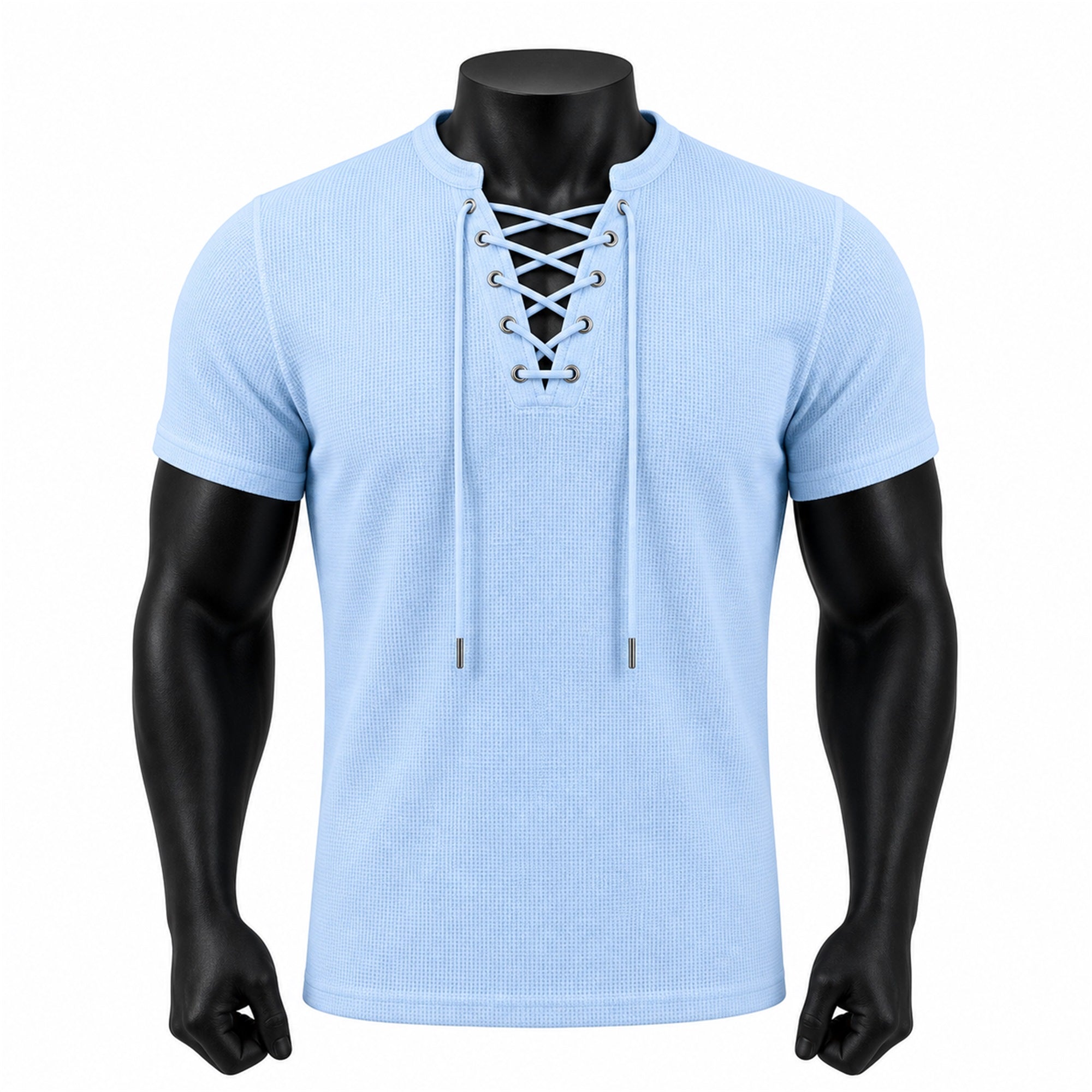 VAREN FORM Open-Knit Lace-Up Short Sleeve Tee in Sky Blue