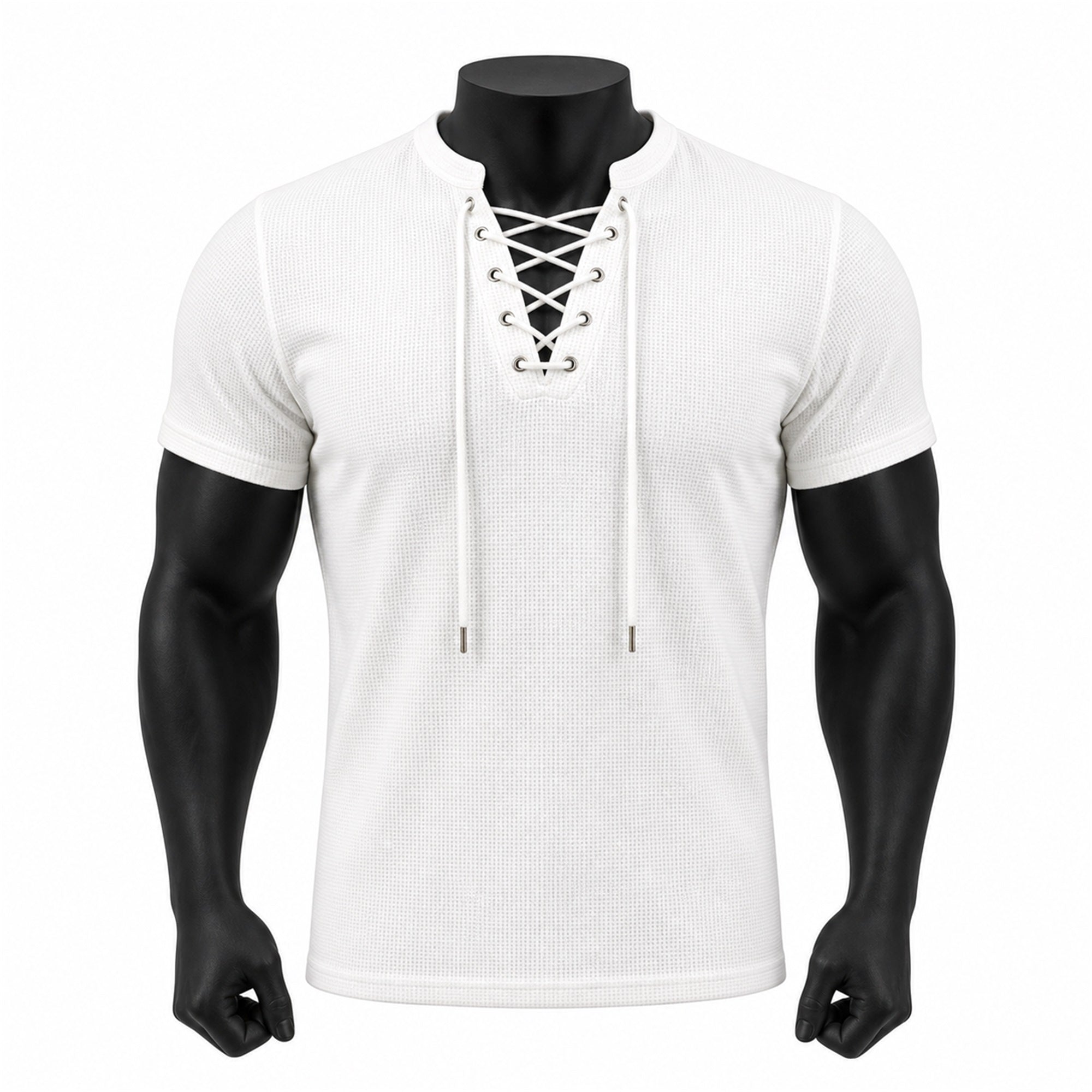 VAREN FORM Open-Knit Lace-Up Short Sleeve Tee in White for men's gym-to-street wear