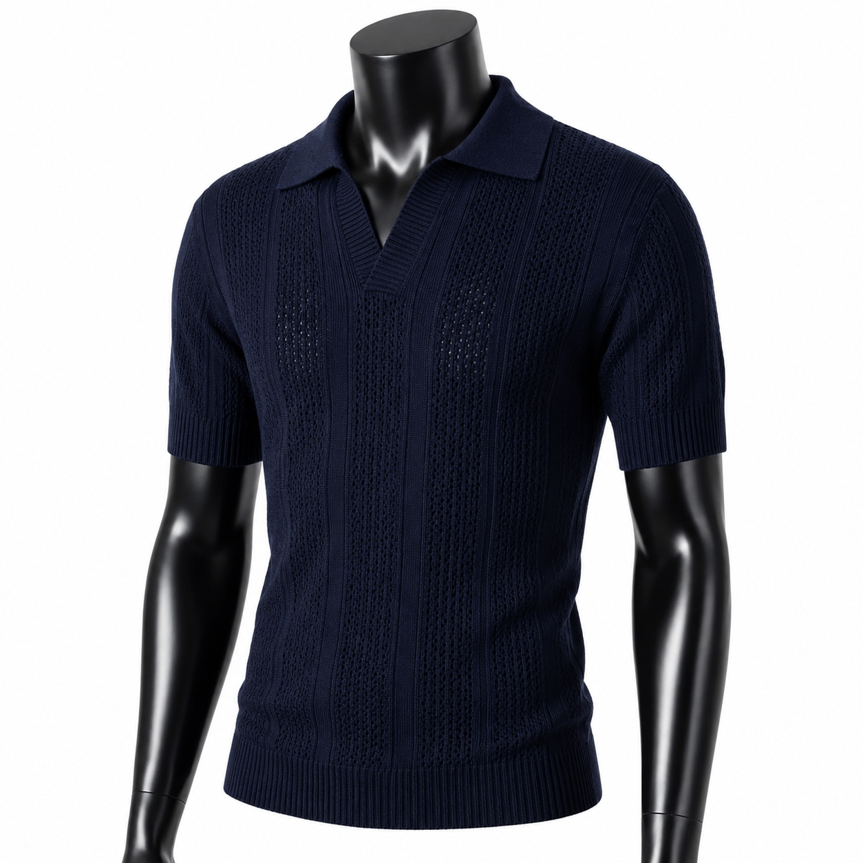 VAREN FORM Open-Knit Relaxed Polo Shirt in Navy for men's gym and streetwear
