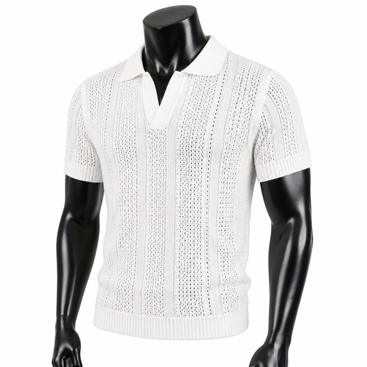 VAREN FORM Open-Knit Relaxed Polo Shirt in White for men's gym and streetwear