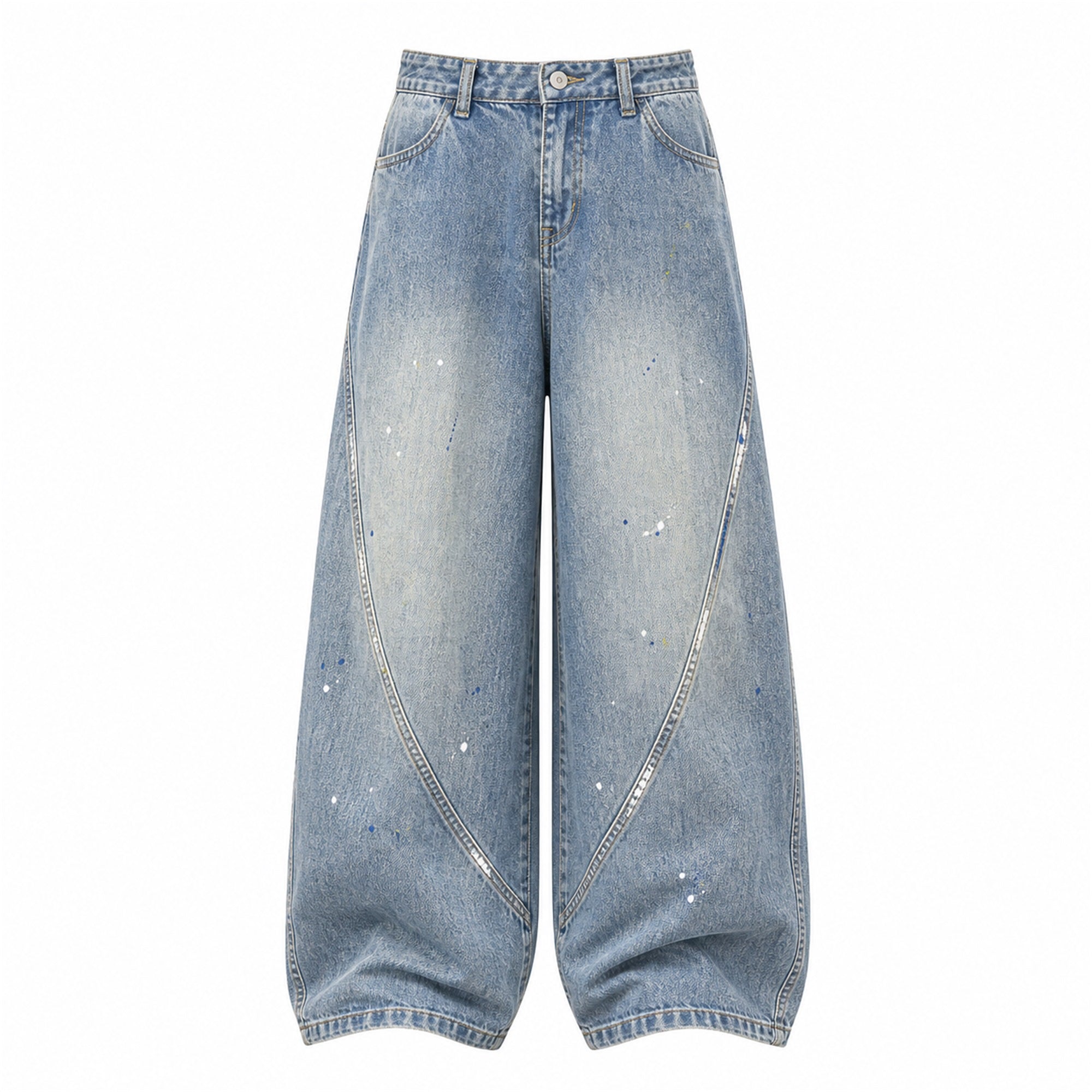 VAREN FORM Paint-Splatter Curved-Seam Wide-Leg Jeans in Light Blue for men's gym-to-street wear
