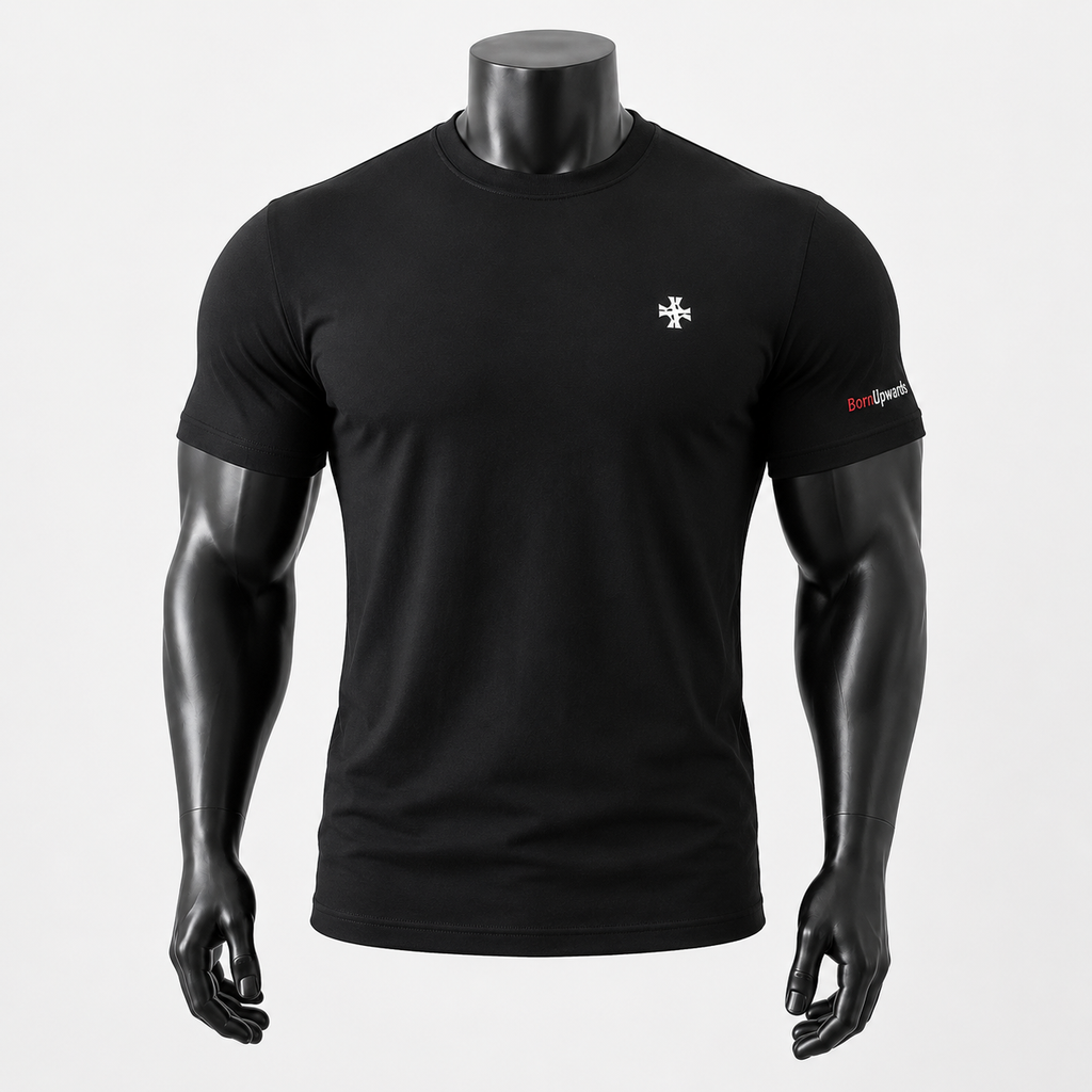 VAREN FORM Rise Up Embroidered Quick-Dry Tee in Black for men's gym and streetwear