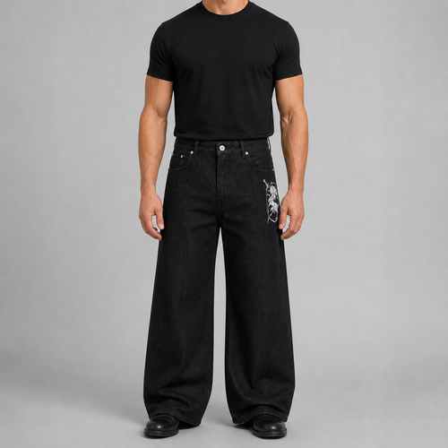 Men's Black Knight-Embroidered Wide-Leg Jeans in Black – model-worn front view