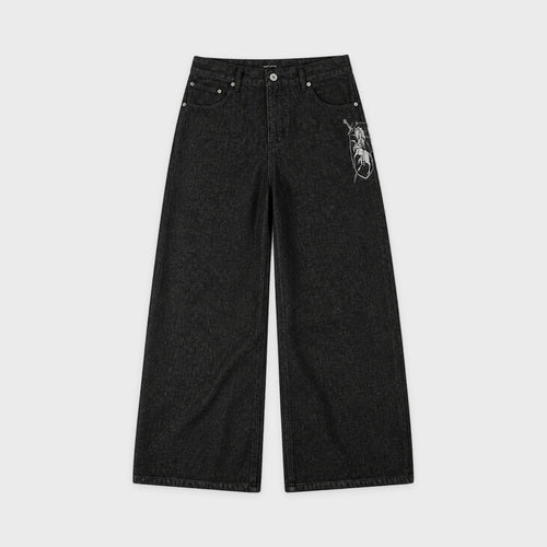 Men's Black Knight-Embroidered Wide-Leg Jeans in Black – product view