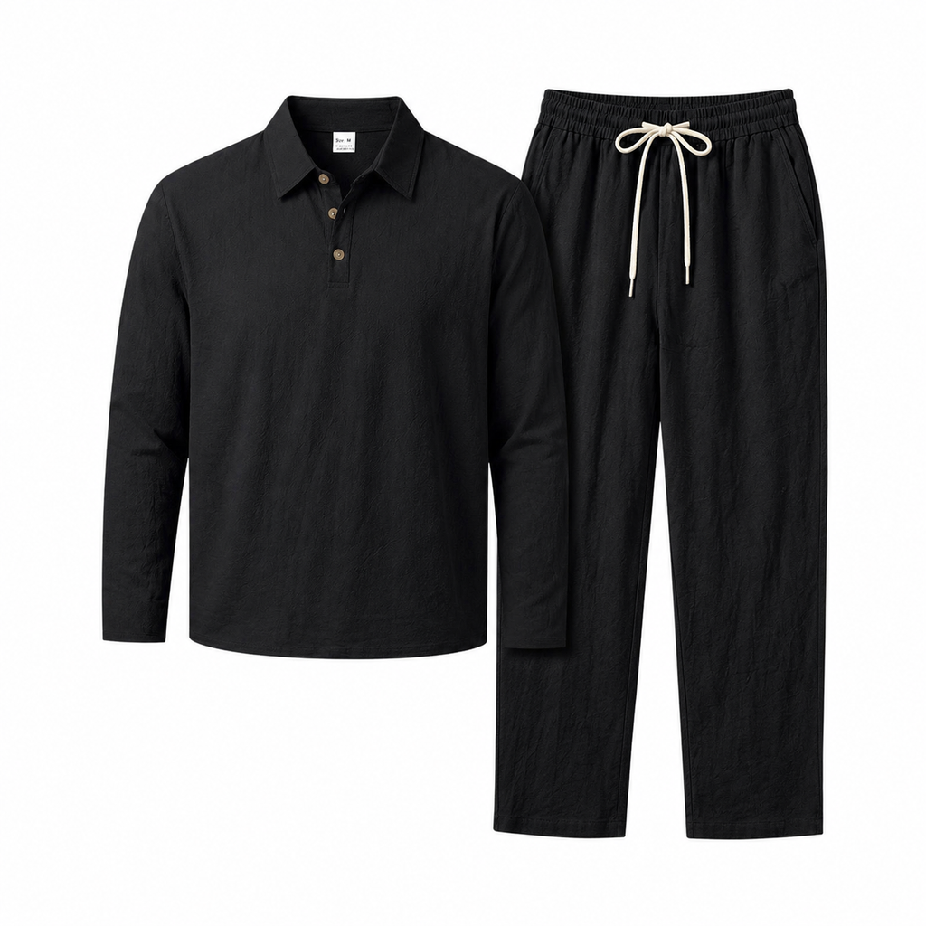 VAREN FORM Textured Linen Blend Polo Set black flat set