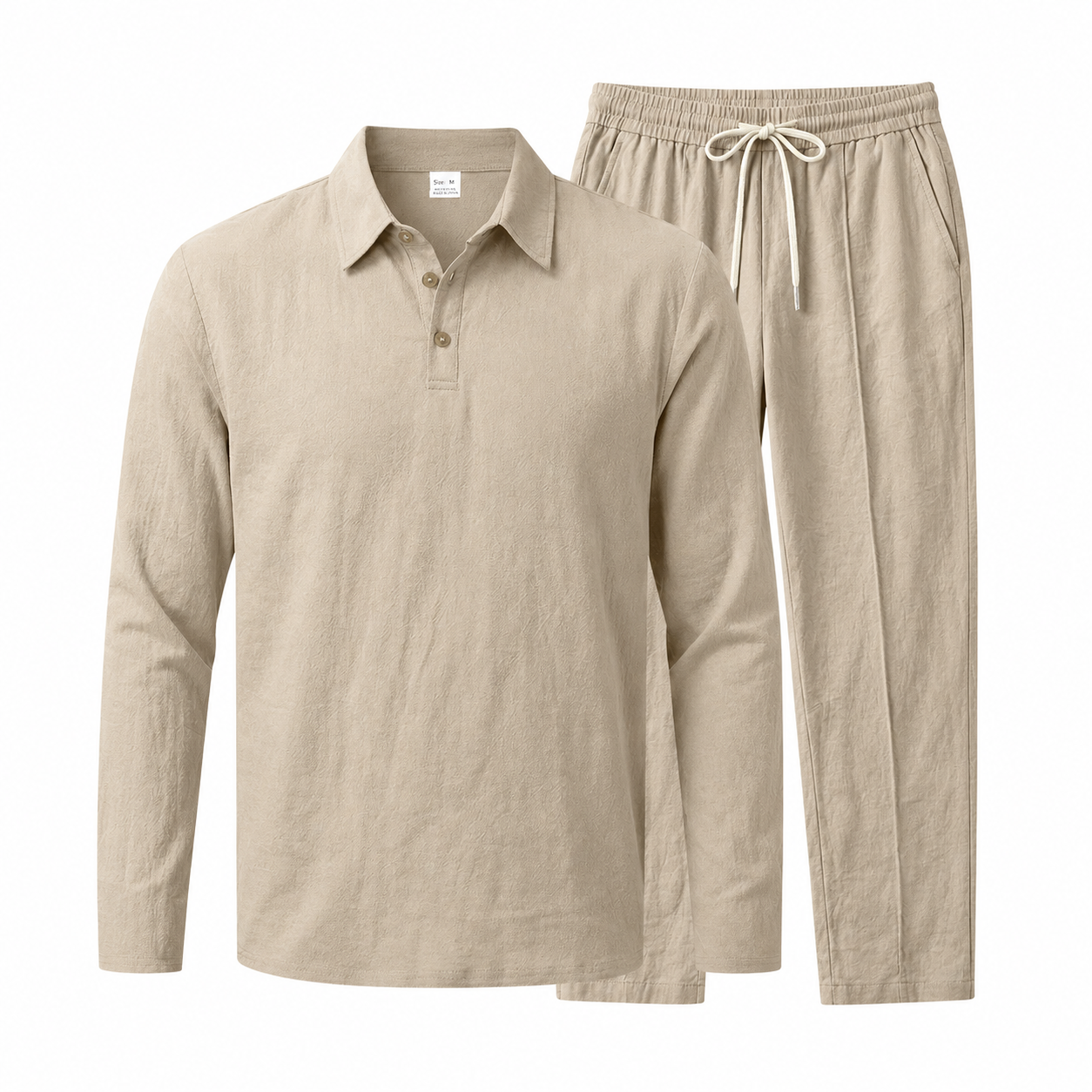 VAREN FORM Textured Linen Blend Polo Set khaki brown flat set