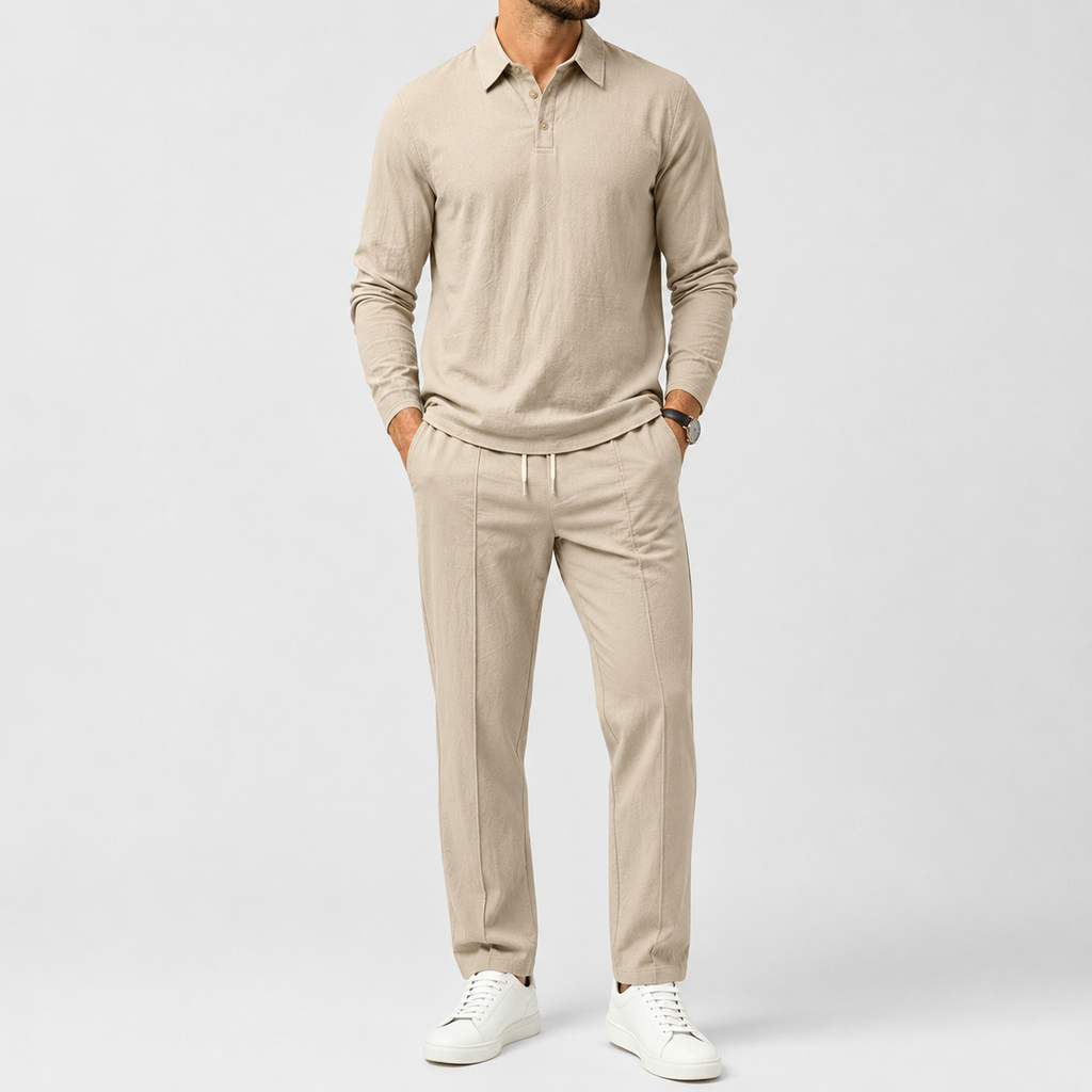 VAREN FORM Textured Linen Blend Polo Set powder blue flat set