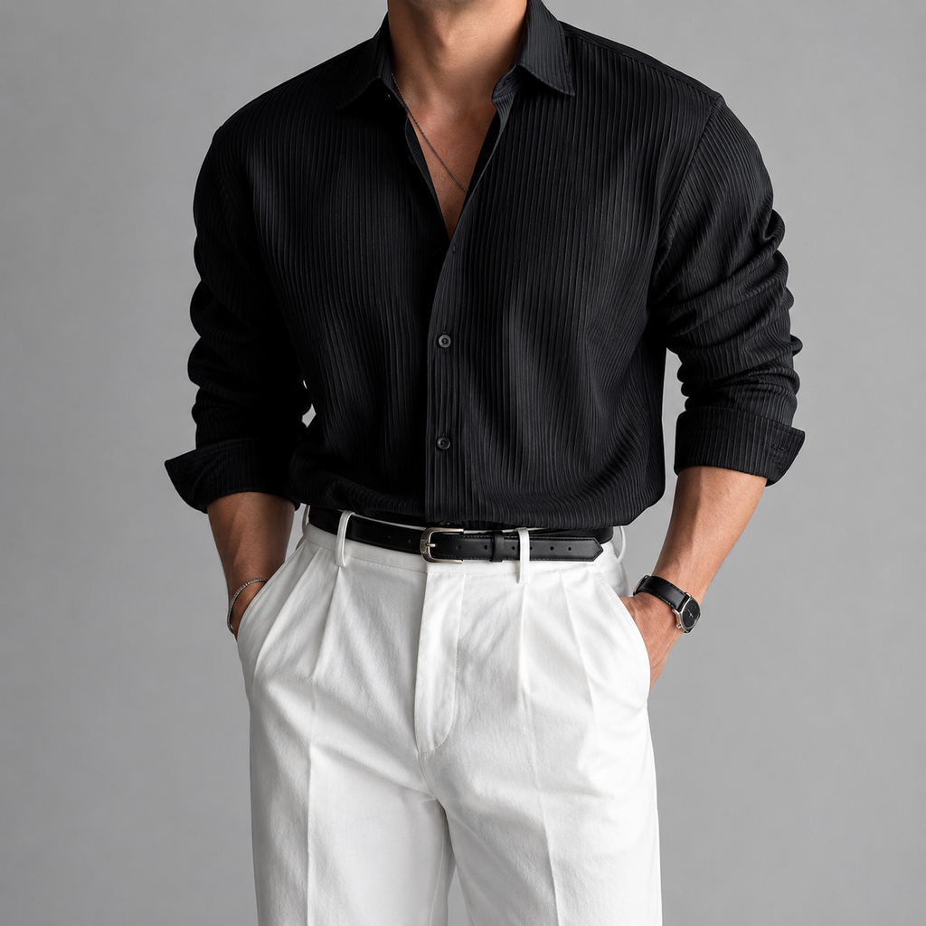 VAREN FORM Textured Solid Long Sleeve Shirt black outfit view