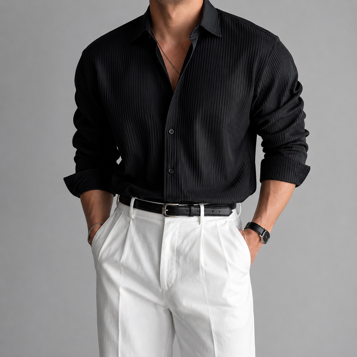 VAREN FORM Textured Solid Long Sleeve Shirt black outfit view