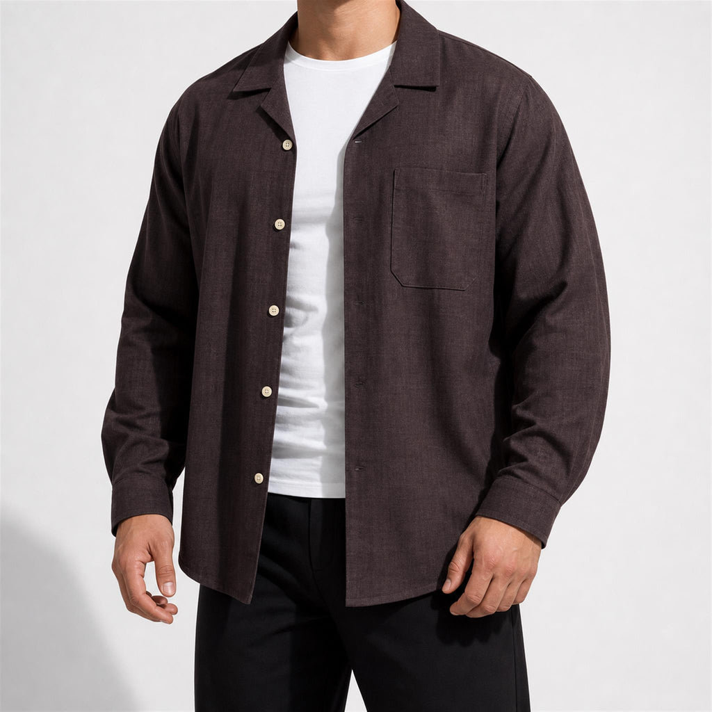 Men's Linen-Look Relaxed Long Sleeve Shirt in Coffee Brown, model view
