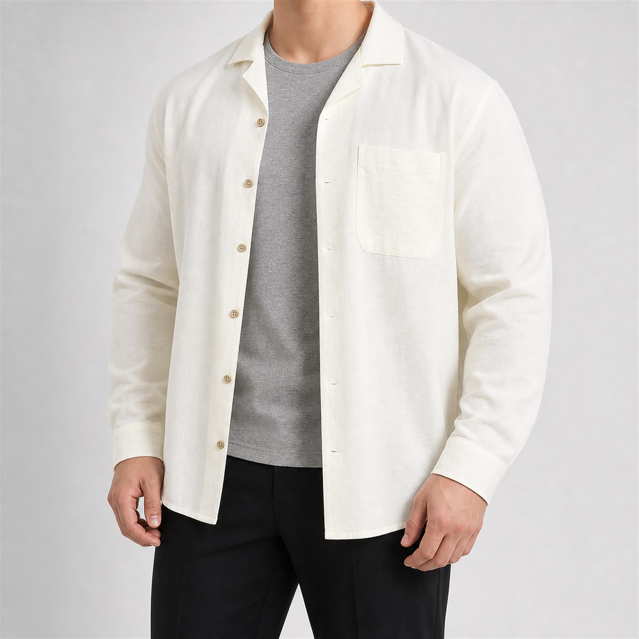 Men's Linen-Look Relaxed Long Sleeve Shirt in Ivory, model view