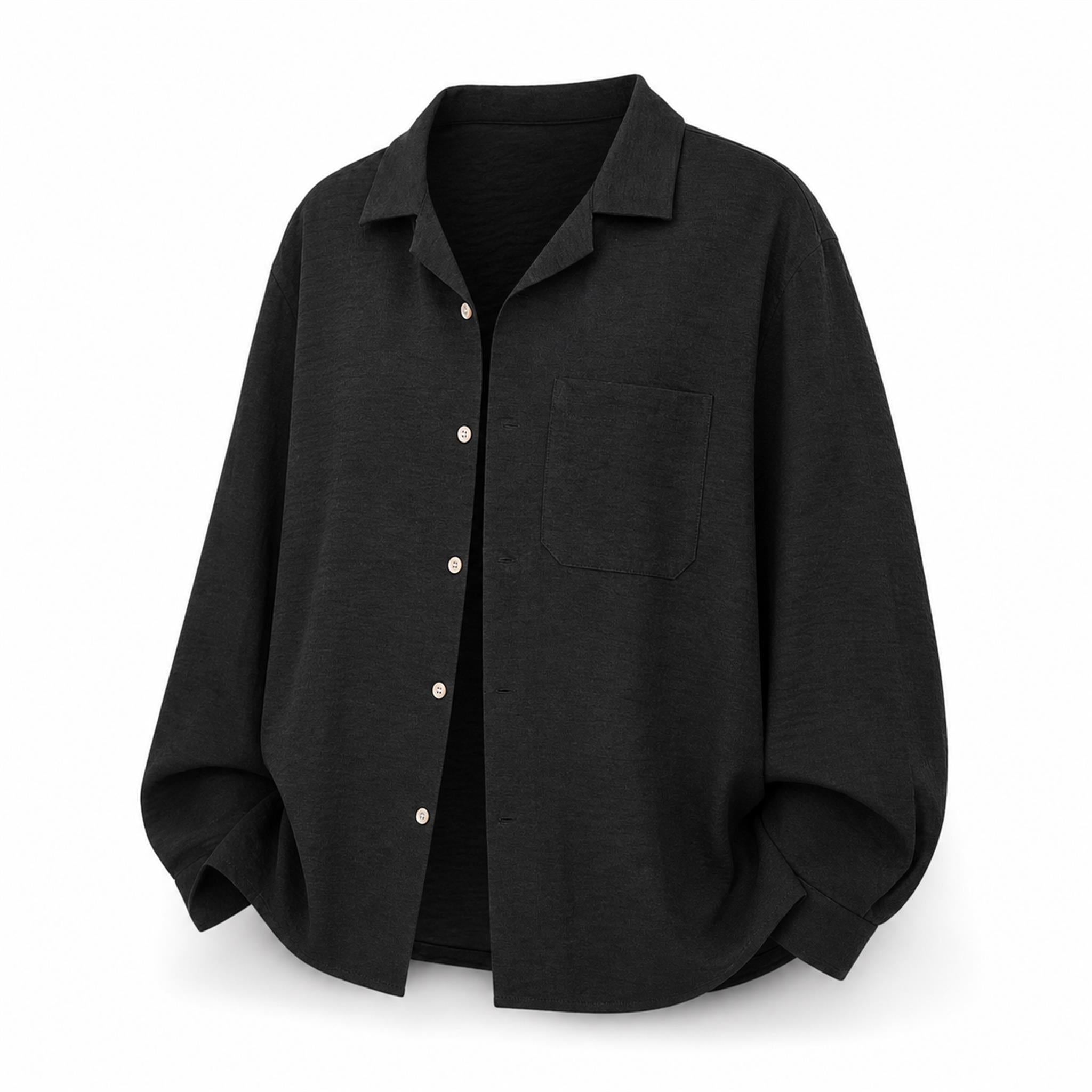 Men's Linen-Look Relaxed Long Sleeve Shirt in Black, product view
