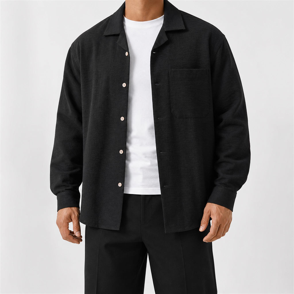 Men's Linen-Look Relaxed Long Sleeve Shirt in Black, model view