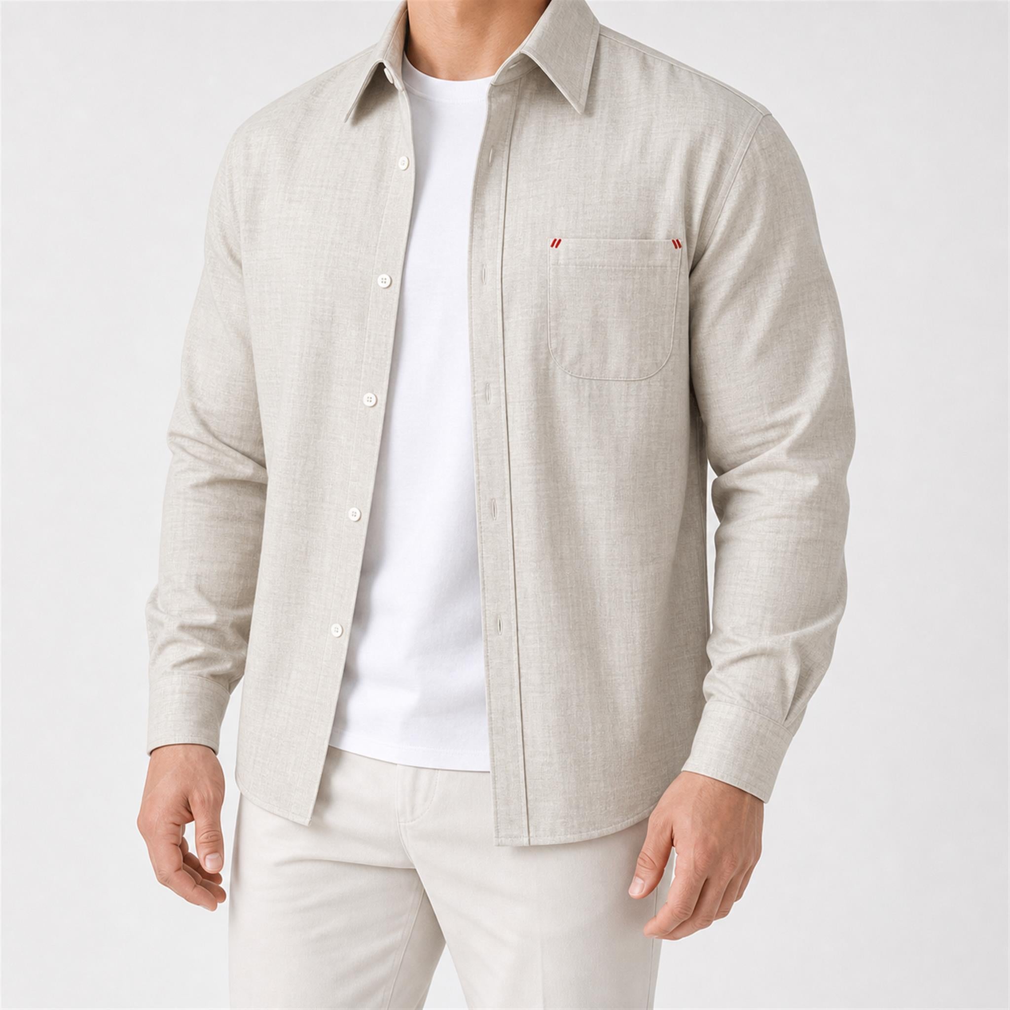 Men's Linen-Look Classic Long Sleeve Shirt in Oat Beige, model view
