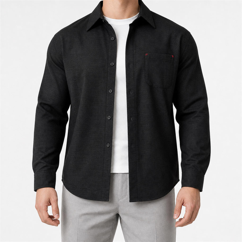 Men's Linen-Look Classic Long Sleeve Shirt in Black, model view