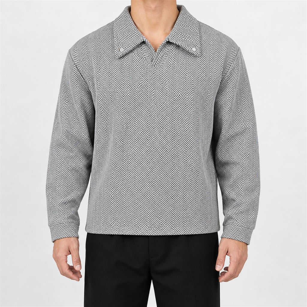 Men's Herringbone Open-Collar Sweatshirt in Black & White Herringbone, model view