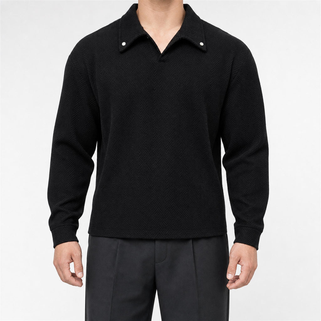Men's Herringbone Open-Collar Sweatshirt in Black, model view