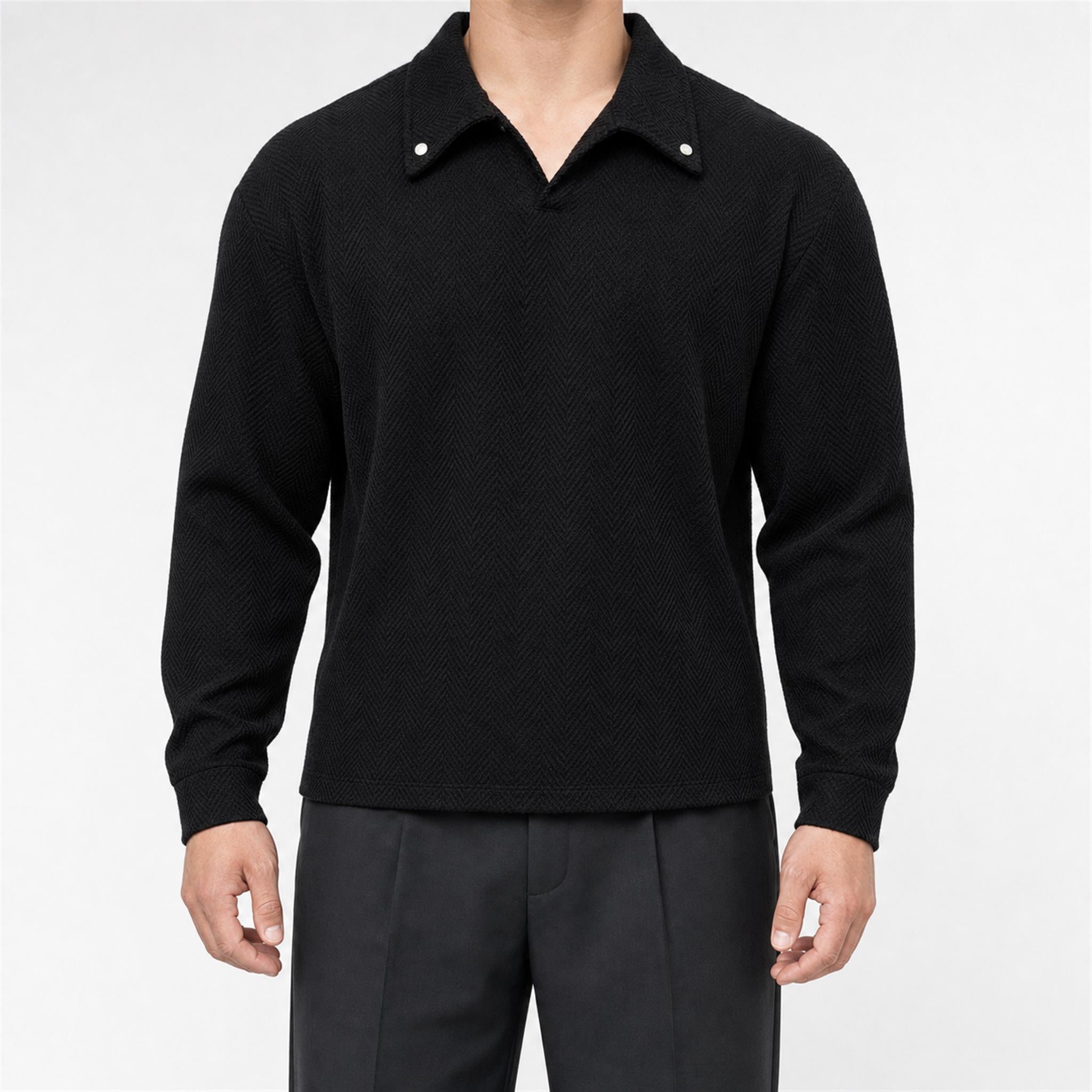 Men's Herringbone Open-Collar Sweatshirt in Black, model view