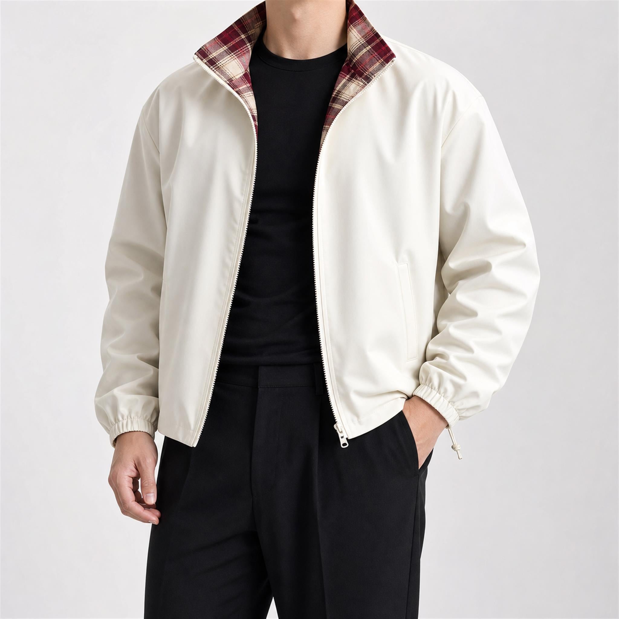 Men's Eye Graphic Straight-Leg Sweatpants in Ivory / Red Plaid Reversible, model view