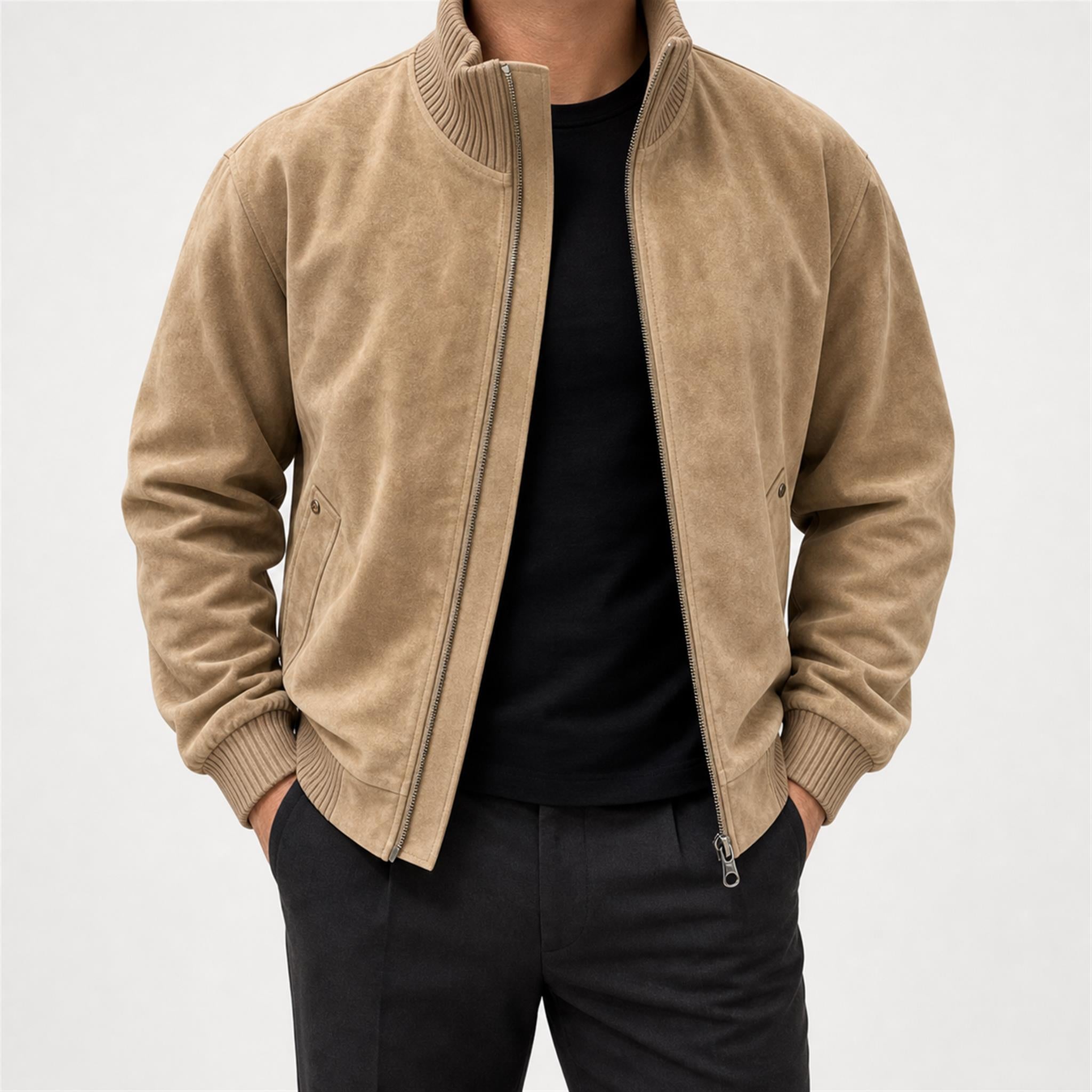 Men's Washed Suede-Effect Bomber Jacket in Khaki, model view
