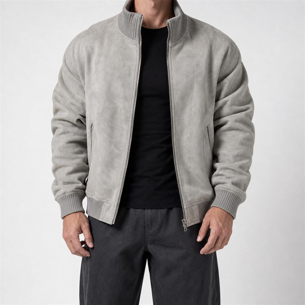 Men's Washed Suede-Effect Bomber Jacket in Grey, model view