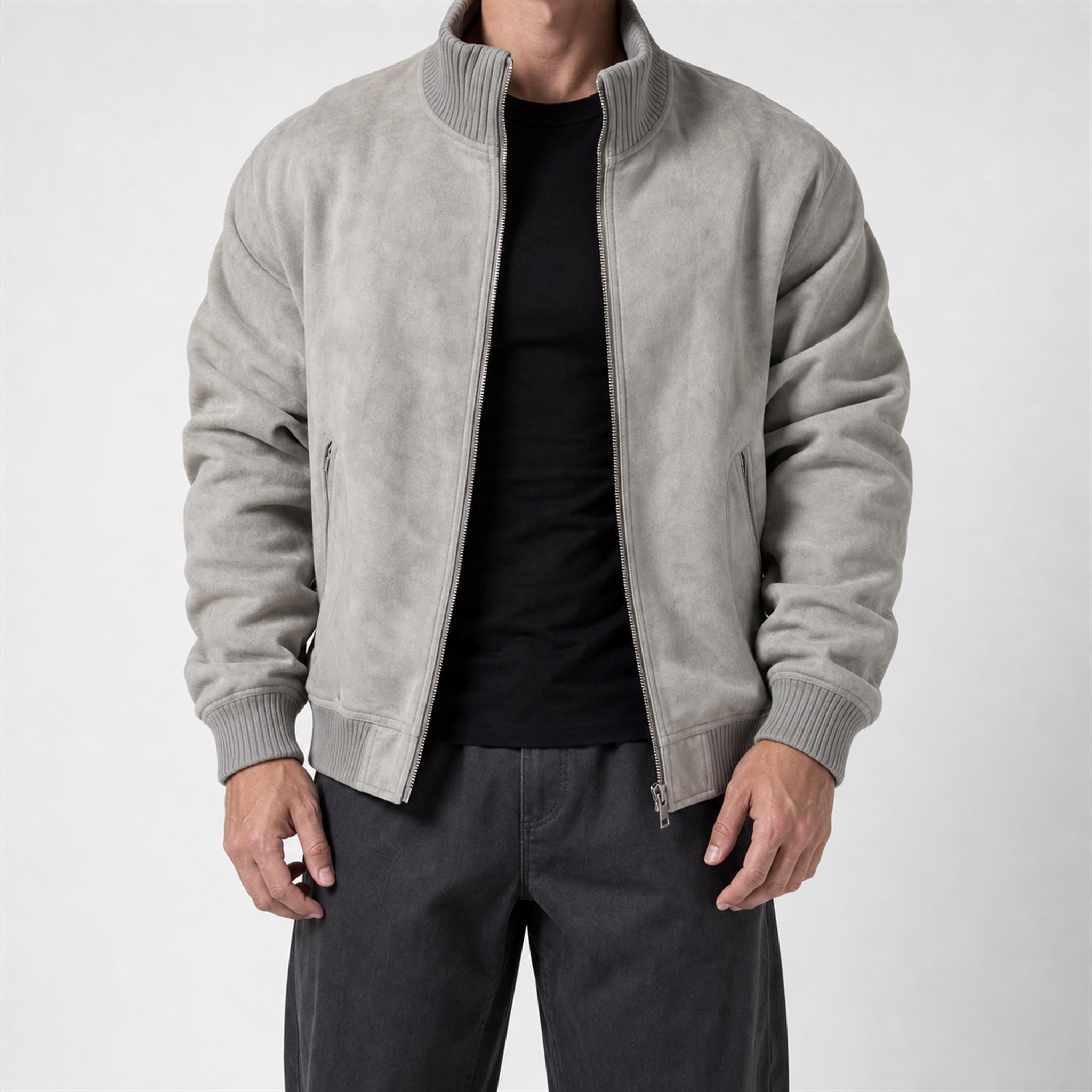 Men's Washed Suede-Effect Bomber Jacket in Grey, model view